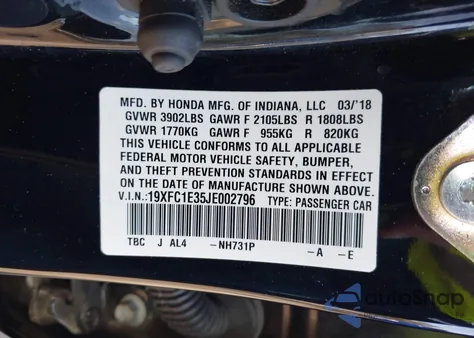 2018 Honda Civic Ex-T из США, поврежденный, VIN 19XFC1E35JE002796